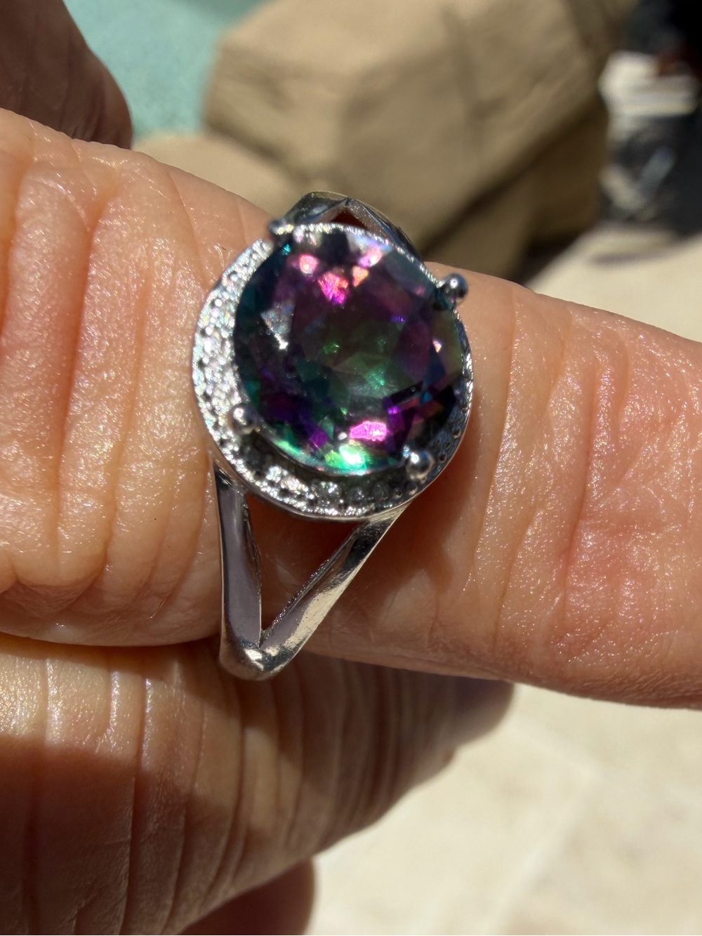 Mystic Topaz Oval Diamond Halo Ring - Silver Size 7